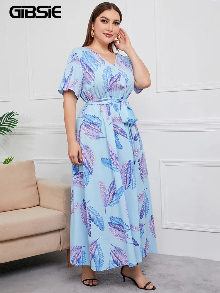 Gacy Plus Size V Neck Floral Print Boho Dress Women Summer Short Sleeve Maxy Dresses Holiday A-line Female Belted Dress
