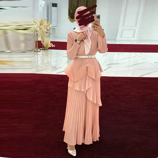 Amay Pleated Irregular Lantern 2 Piece Set Skirt + Long Swing Dress Set Autumn Solid Long Sleeved Lace Up Design Two Piece Set