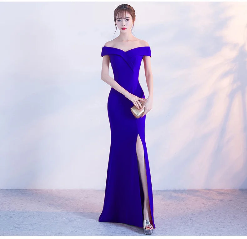 Maxy Evening Dresses Black Stretchy Off the Shoulder Zipper Back Mermaid Trumpet Slit Floor Length Women Party Formal Gowns YE006