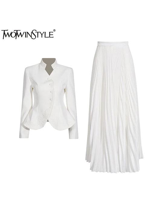 Maxy Solid Elegant Two Piece Set For Women Stand Collar Long Sleeve Spliced Button Tops High Waist Skirt Set Female New