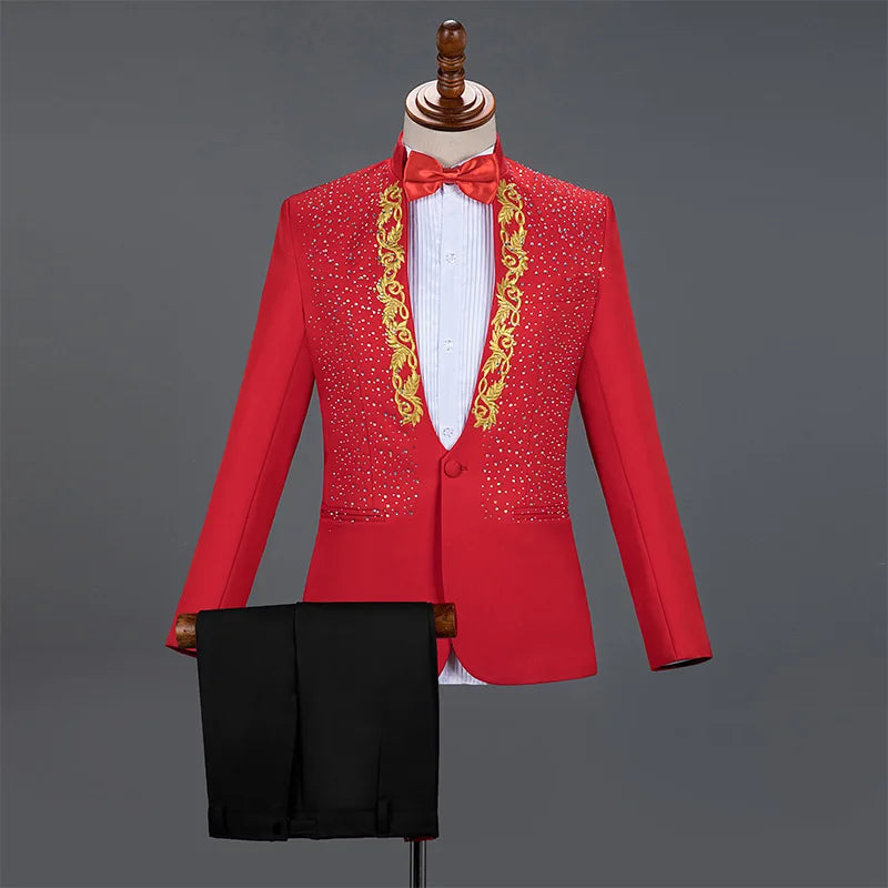 Amay Royal Blue Sequin Embroidery Suit Men Wedding Groom Tuxedo Suits Pants Mens One Button Peak Lapel Stage Costume Traje Hombre 2XL