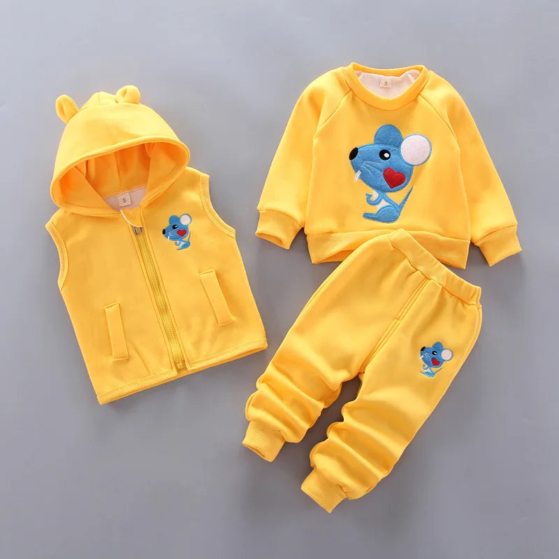 Babs Boy Clothing Set Autumn and Winter Velvet Thick Warm Casual Hooded Sweater Cartoon Cute Bear 3Pcs Toddler Girl Clothes Suit