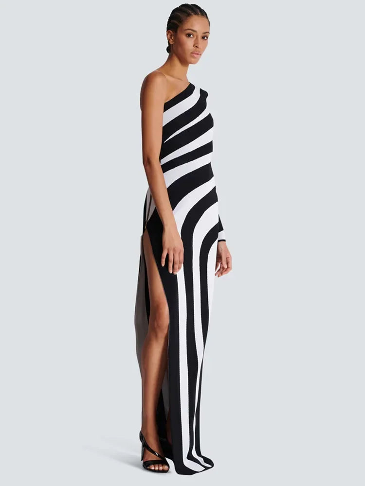 Women Autumn Evening Maxy Dress Elegant One Shoulder Long Sleeve Black White Stripe Ankle Length Elastic Celebrity Club Party Gowns