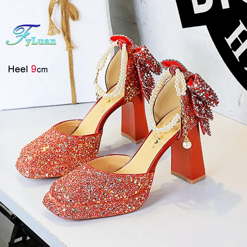 Maxy Summer New Fashion Women's Platform Sandals Glitter Bow Pearl Chain Rhinestone Decoration Ladies Eveing Heels Banquet Shoes