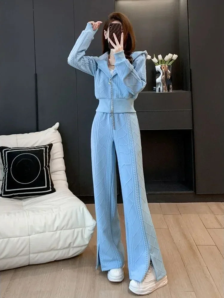 Maxy Pant Sets for Women 2 Pieces Autumn Winter Hooded Sweatshirt Tracksuit Trousers Woman Sport Wide Leg Korea Stylish Tailor Co Ord