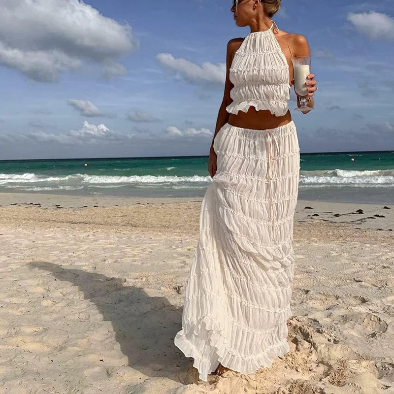 Maxy Women Boho Sexy Backless Matching Suit 2 Piece Beach Holiday Outfits Vintage Ruched Halter Cami Tops + Maxy Long Skirt Party