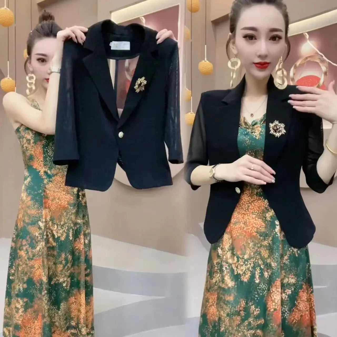 Maxy Popular High-End Brooch Blazer Slip Dress Suit Jacket Women's Summer Fashion Blazer Suit Skirt Two-Piece Set Sling Print Dress