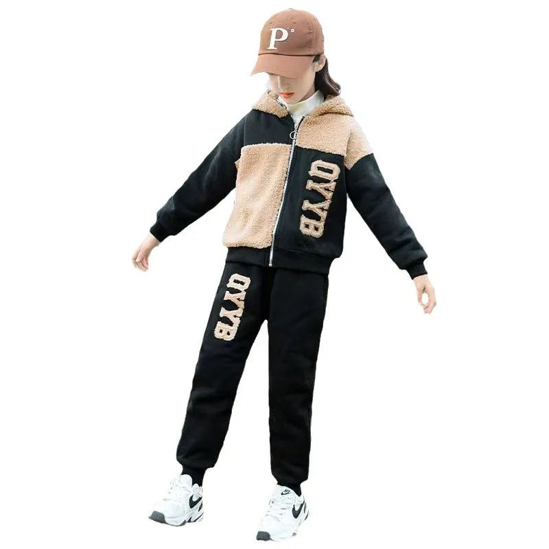 Maxy Autumn winter girls tracksuit Toddler Teenager Clothes letter velvet jacket hoodie + Pant Children Kids 5 8 9 10 11 12 year