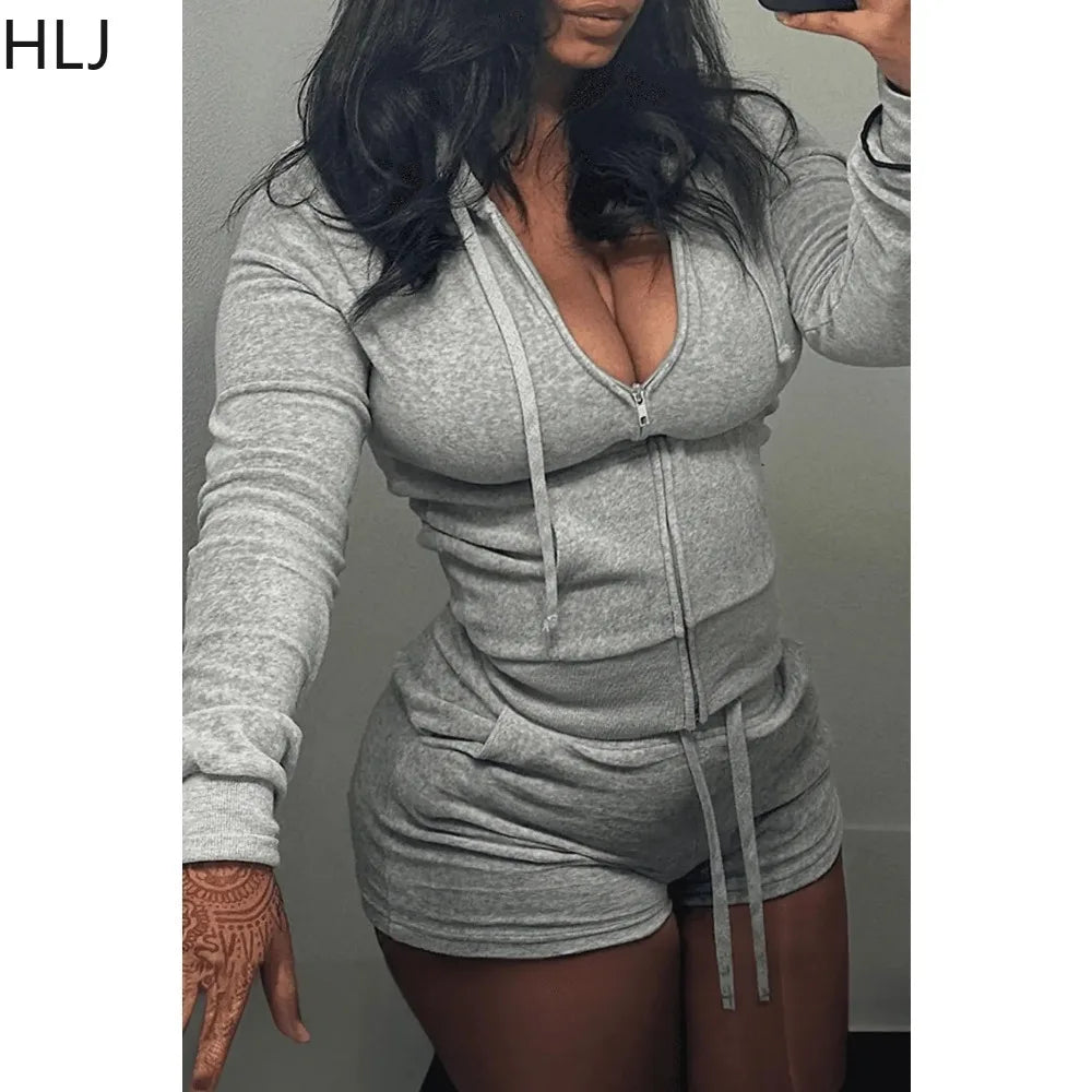 Maxy Casual Solid Hooded Zip Biker Shorts Tracksuits Women V Neck Long Sleeve Top And Shorts Two Piece Set Fashion Sporty Outfits