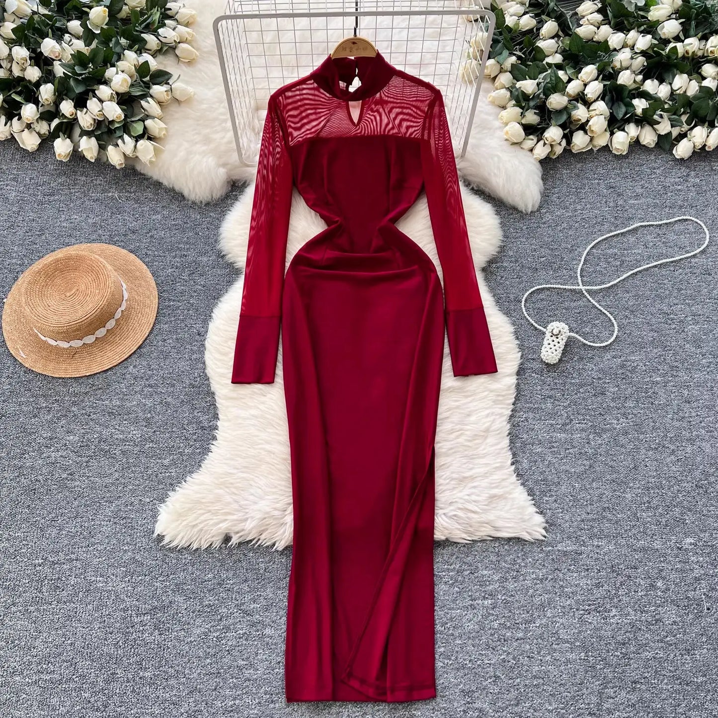 Amay Fashion Stand Collar Dress Women's Long Sleeves Hollow Out Gathered Waist Mesh Spliced Slim Dresses Autumn New 27X1903
