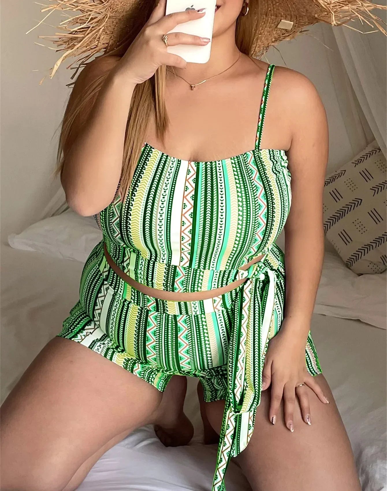 Babs High Waist Swimsuit Oversize Big Breast Bikini Set Women Striped Push Up Summer Bathing Suit Tie Up Swimwear Tankini Set