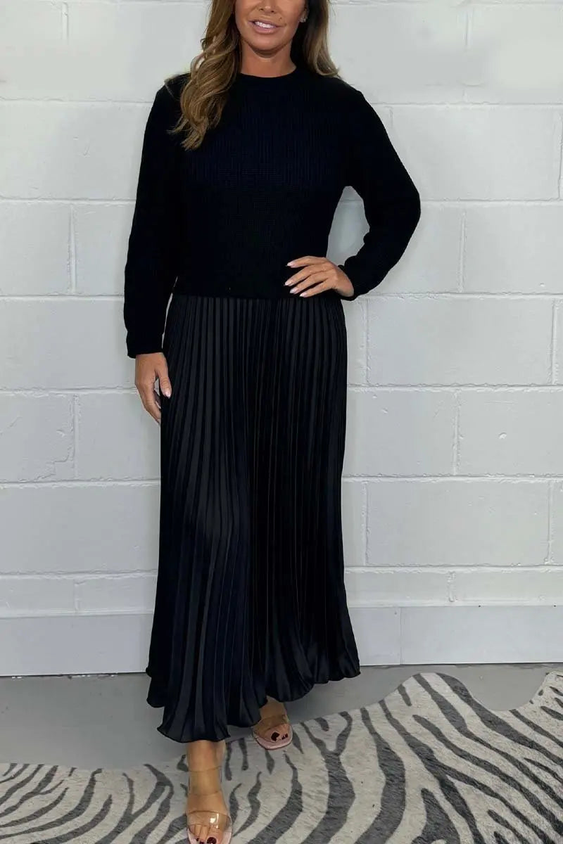 Maxy Women's solid color Long Sleeve Jumper Pleated Bottom Dress S-3XL Elegant and stylish pleat dresses with round neck for women