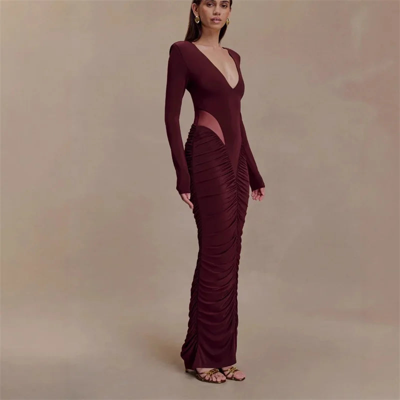 Maxy Burgundy Black Women Prom Dress V Neck Full Sleeve Sexy Elegant Ruffles Long Wedding Party Gown Formal Evening Birthday Robe
