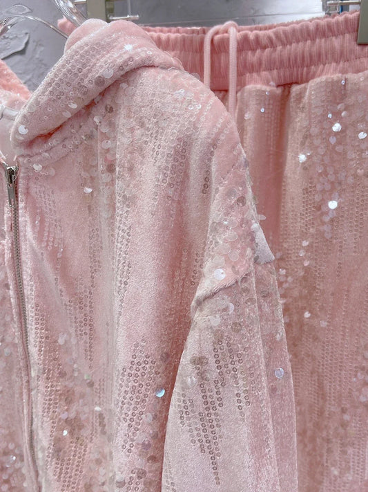 Maxy Fashion Pink Casual Suit for Women Autumn Winter New Gold Velvet Sequins Pearl Embroidery Sweatshirt Sports Pants Two-Piece Sets