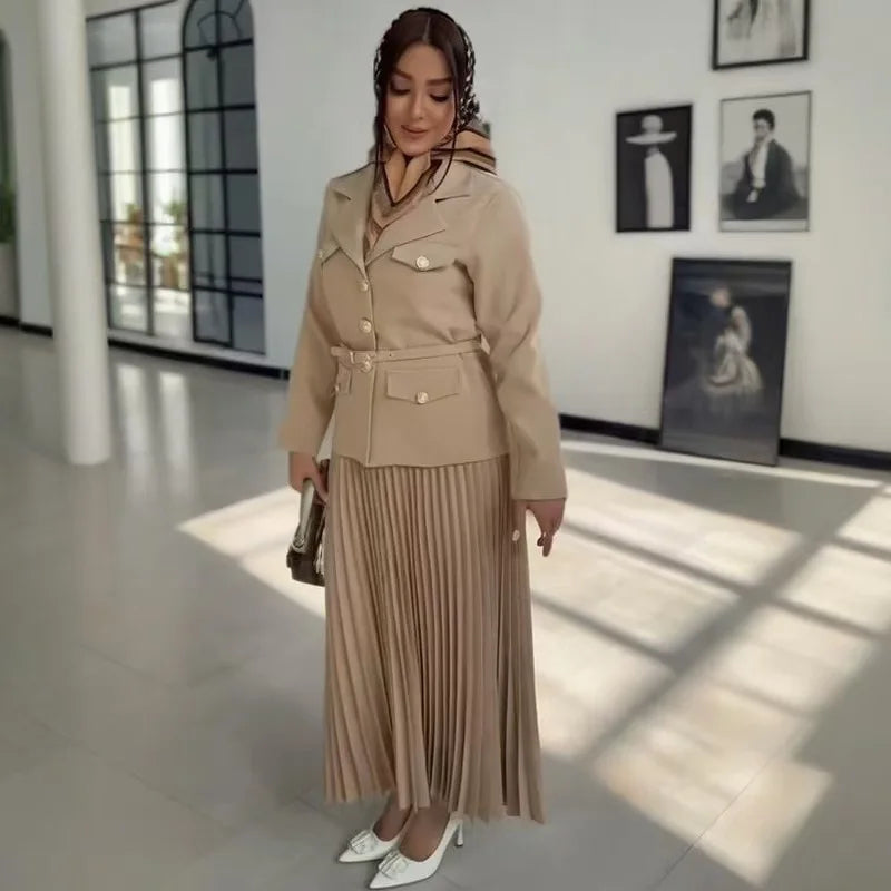 Amay Elegant Women Two Pieces Set Single-breasted Lapel Jacket Coat Belt Pleated Midi Skirt Suit office Lady New In Matching Set