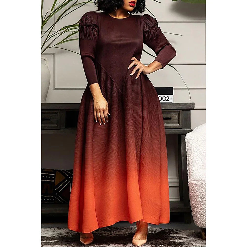 Maxy Plus Size Women's Formal Dress Coffee Slim Fashion Gradient Long Sleeve Round-neck Maxy Dress