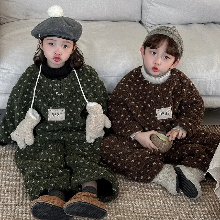 Maxy Girls Suits Children Winter Lamb Wool and Fleece Hoodie Boys Girls Baby Thick Bloomers Two-piece Set Korean Simple Style