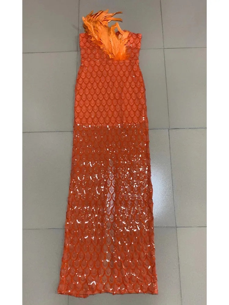 Babs Luxury Prom Gowns Women Orange Strapless Feathers Sequined Scale Two-Piece See-Through Celebrity Evening Party Dress Going Out