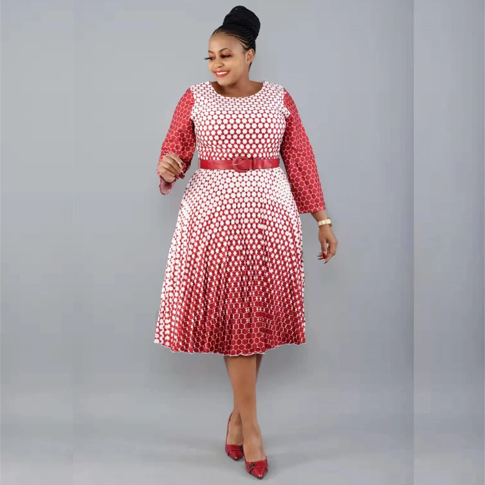 Maxy New Hot Sale African Style Plus Size Printed Round Neck 3/4 Sleeve Large Pleated Swing Snake Dress For Women