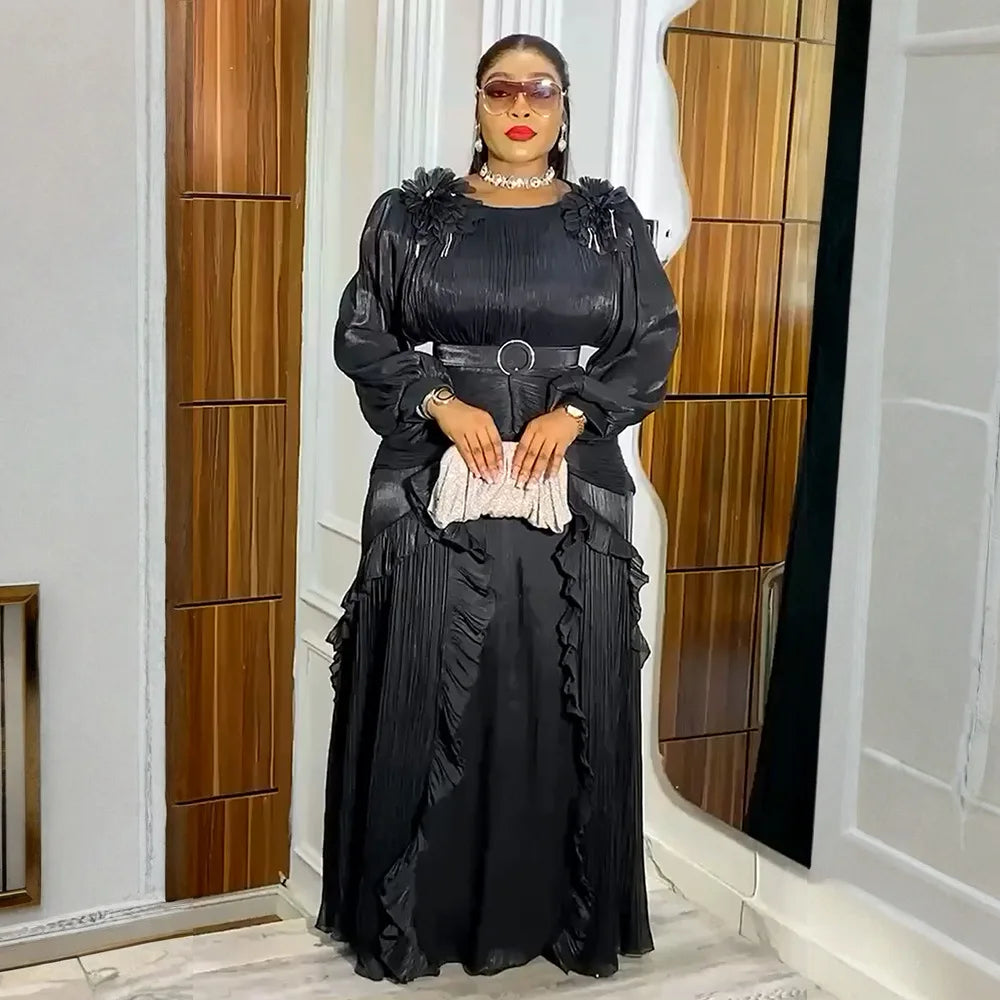 Maxy New Luxury Pleated Party Dress Round Neck Plus Size Dashiki Abaya Women Evening Dress