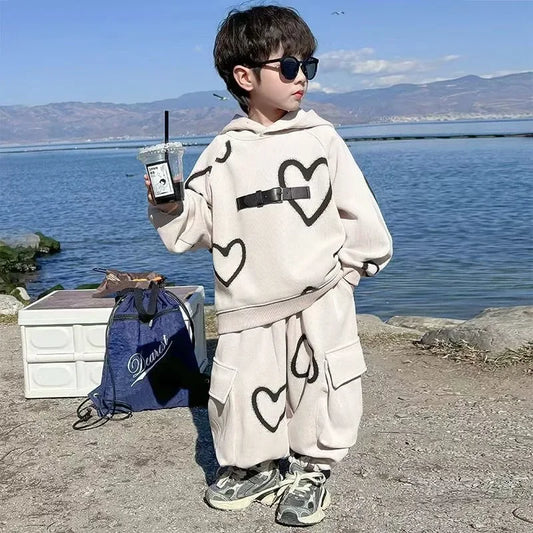 Spring Winter Children Boy Girls Clothes Set Kid Heart Printed Hoodies Sweatshirts Pullover Top and Pants 2pcs Suit Tracksuits