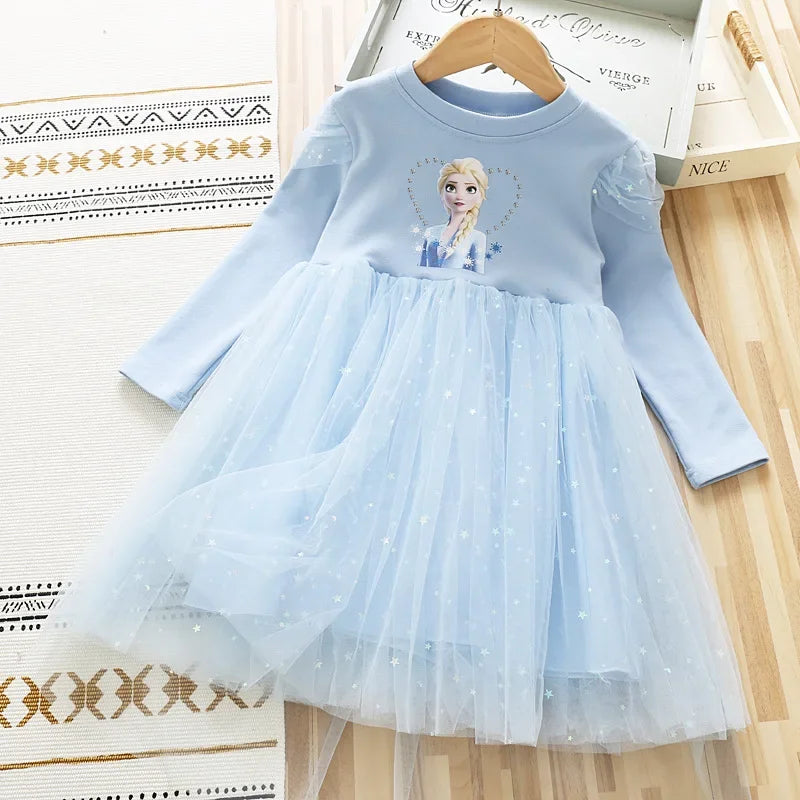 Maxy Disney Elsa Princess Dress Girl Dress Up Spring Autumn Long-sleeve Clothes Kids Gauzed Children Frozen Elsa Birthday Party Dress