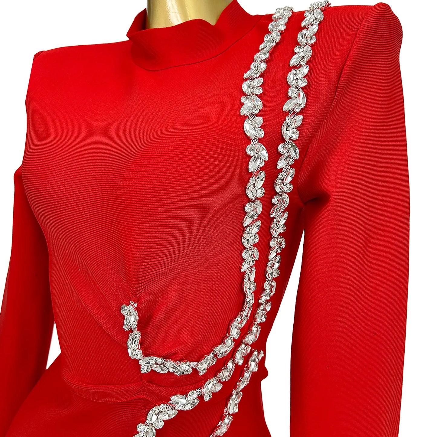 Maxy Woman Red Elegant Maxy Diamonds Dresses Fashion Long Sleeved Pleasted Bandage Dress Slim Fit Causal Office Lady Robe