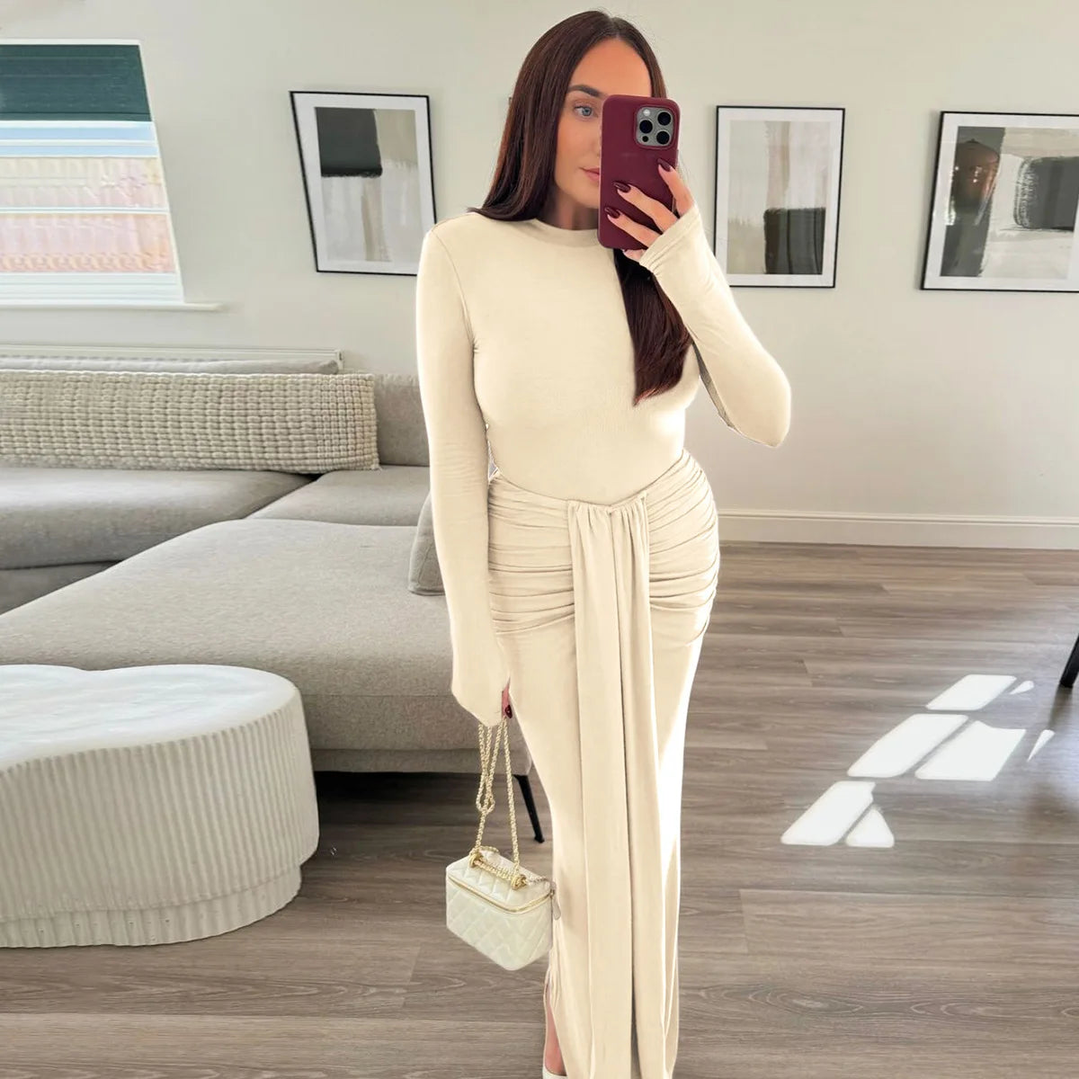 Maxy Fashion Woman Full Sleeve Bodycon Folds Long Maxy Dress Evening Party Outfit Office Lady Elegant Bandage Formal Occasion Dresses
