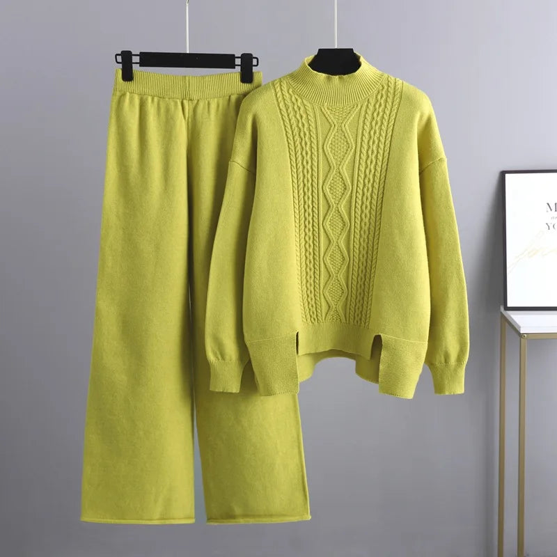 Maxy Winter Cashmere Women Tracksuits Thick Oversized Women Turtleneck Sweater 2 Pieces Sets Drawstring Harem Pant Suits Outfit