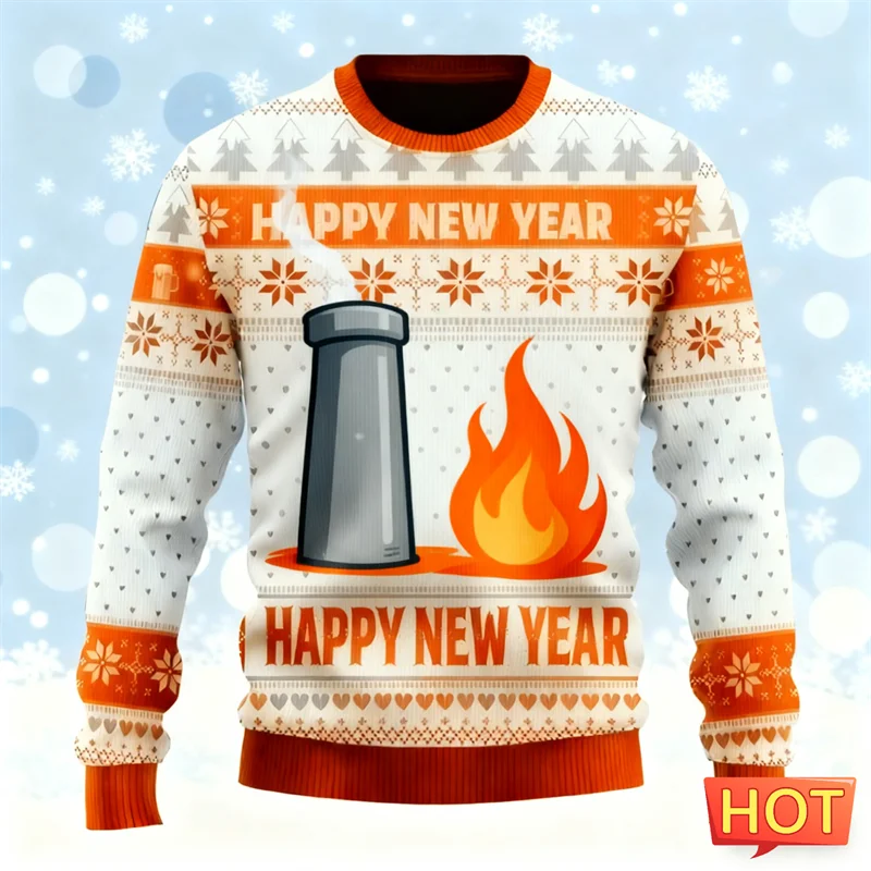 Maxy New Happy New Year Letters Sweatshirts Simple Fashion Holiday Wear 3D Printed Ugly Christmas Sweater Casual Oversized Tops