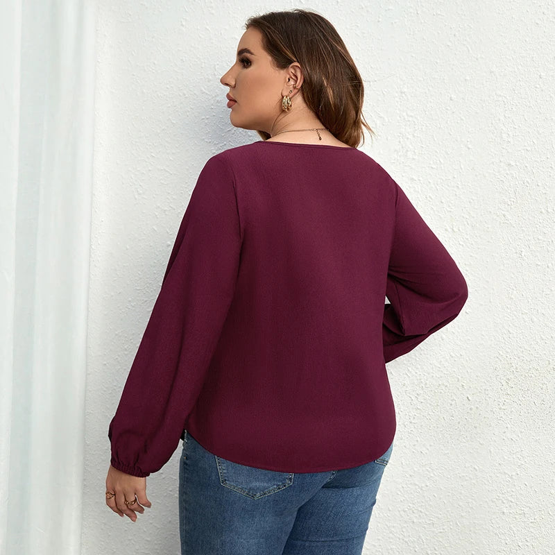 Maxy Plus Size Women Clothing O-Neck Solid Tops Fashion Elegant Long Sleeve Office Female Casual Large Size Lady Blouses