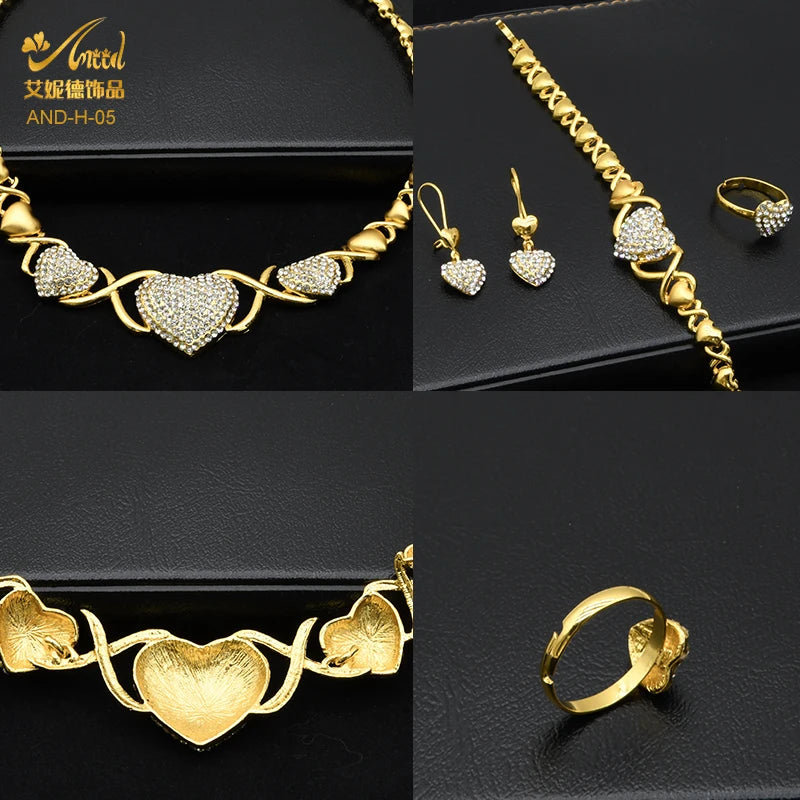 Maxy Women Gold Plated Jewelry Set Heart Necklace African Wedding Bangles Luxury Bridal