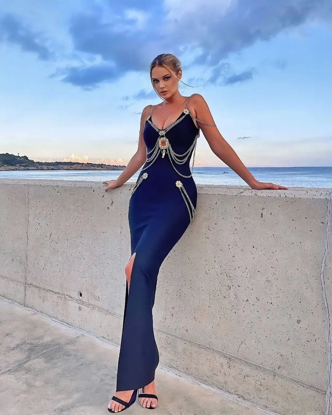 Maxy Ladies HL Bandage Strap Metal Embellishment Maxy Bodycon Long Dress Celebrity Fashion Red Carpet Outfit High Quality