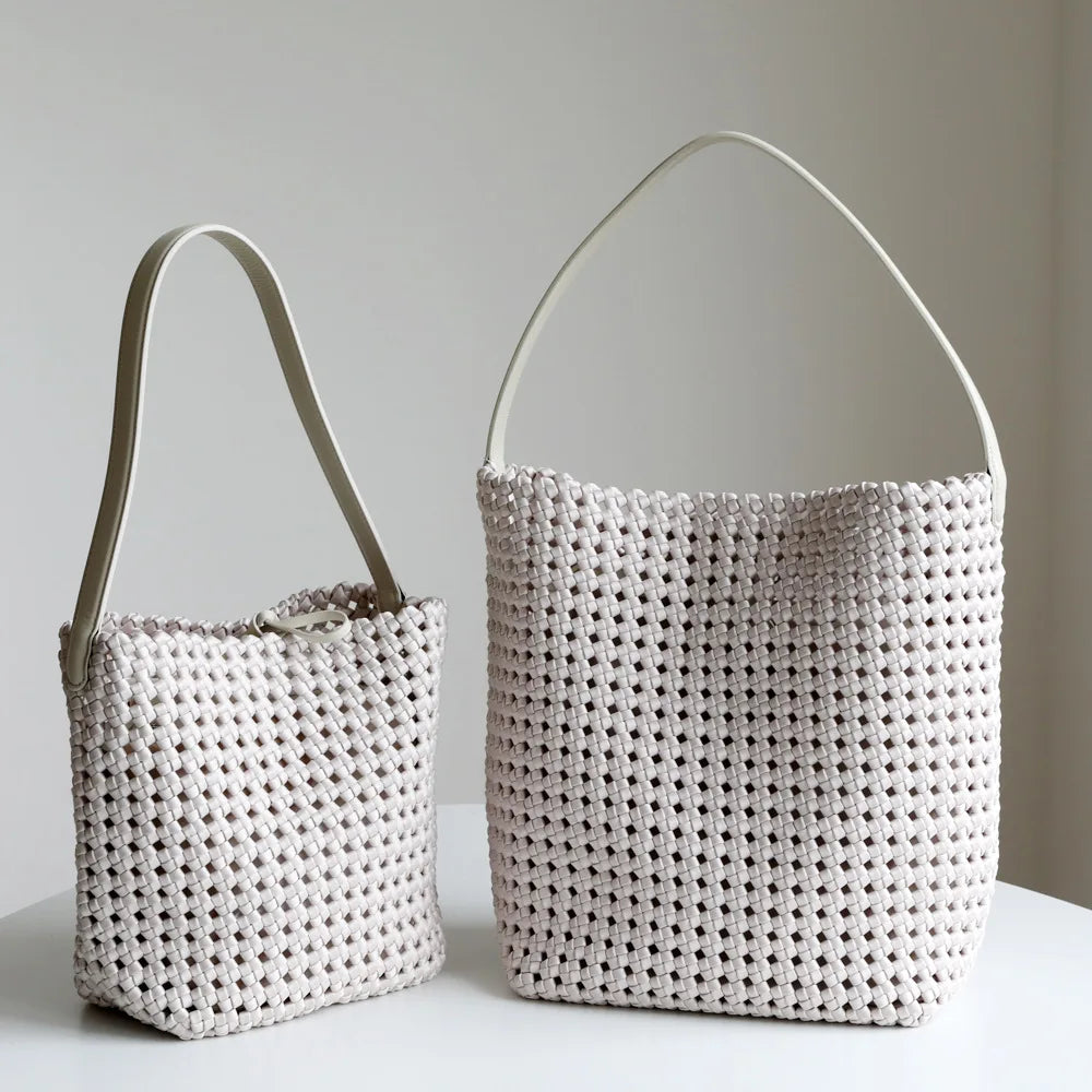 Maxy NEW Hollow woven silk and satin with cowhide women's bag large capacity tote bag hand-heeled shoulder armpit bag bucket bag