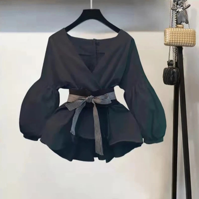 Maxy Women Elegant V-Neck Stripe Lantern Sleeve Bow Belt Trend Slim Chiffon Shirt Top And Korean Ripped Jeans Office Lady Casual Suit