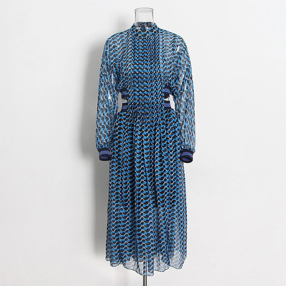Maxy Fashion Summer Print Dress For Woman Stand Collar Long Sleeve Hight Wasit Hollow Out Midi Dresses Female New