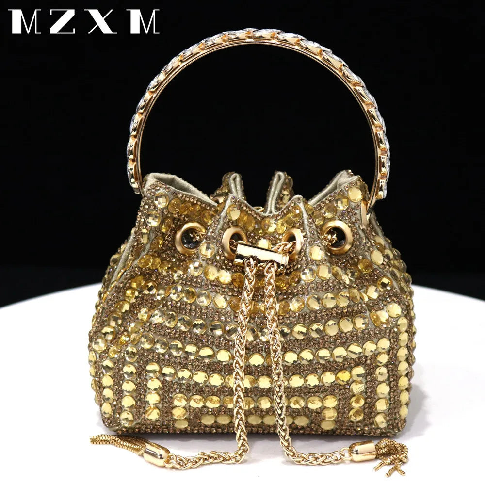 Maxy New Rhinestones Women Evening Bags Bucket Design Party Day Clutch Soft Mixed Color Shoulder Chain Handbags Purse