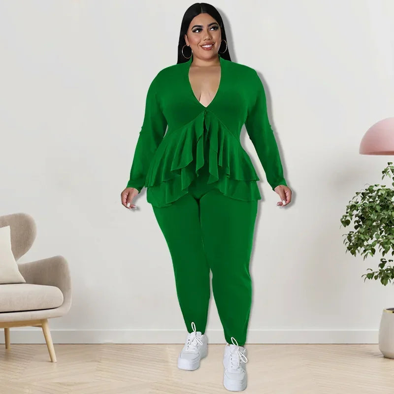 Amay Plus Size Women Set Fashion Ladies Ruffles Hem V-neck T-shirt and Legging Pants Suit Spring Female Two 2 Piece Set Outfit