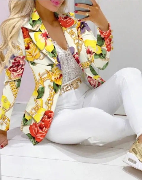 Maxy Fashion Butterfly Print Blazer Suit and Pants Two Piece Set for Women Autumn Winter Outfit Office Lady Casual Clothing