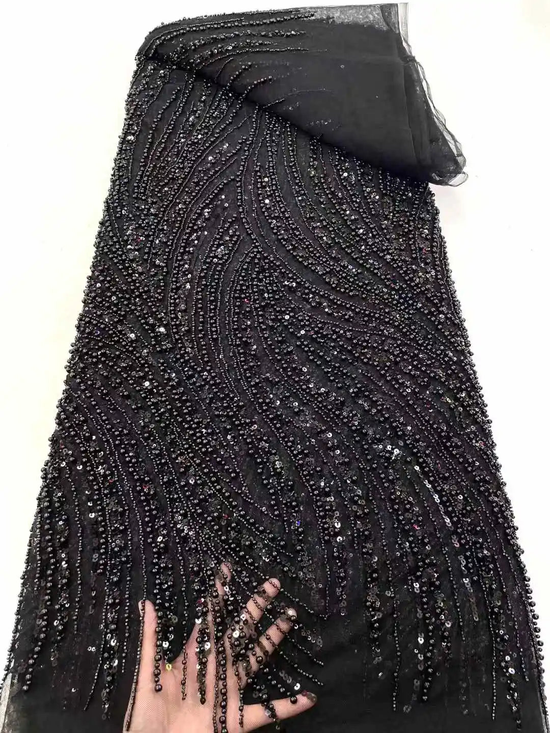 Maxy Beads Lace Fabric High Quality Mesh Sequins Lace Embroidered French Groom Fabric For Sewing Evening Dresses Women