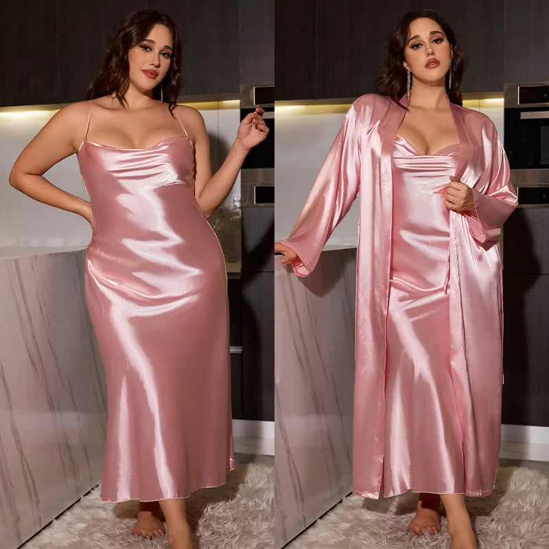 Maxy Big Size Women Nightwear Long Dress and Bathrobe Set for Ladies Pajamas Spring Summer Sexy Comfortable Home Wear Plus Size 2pcs