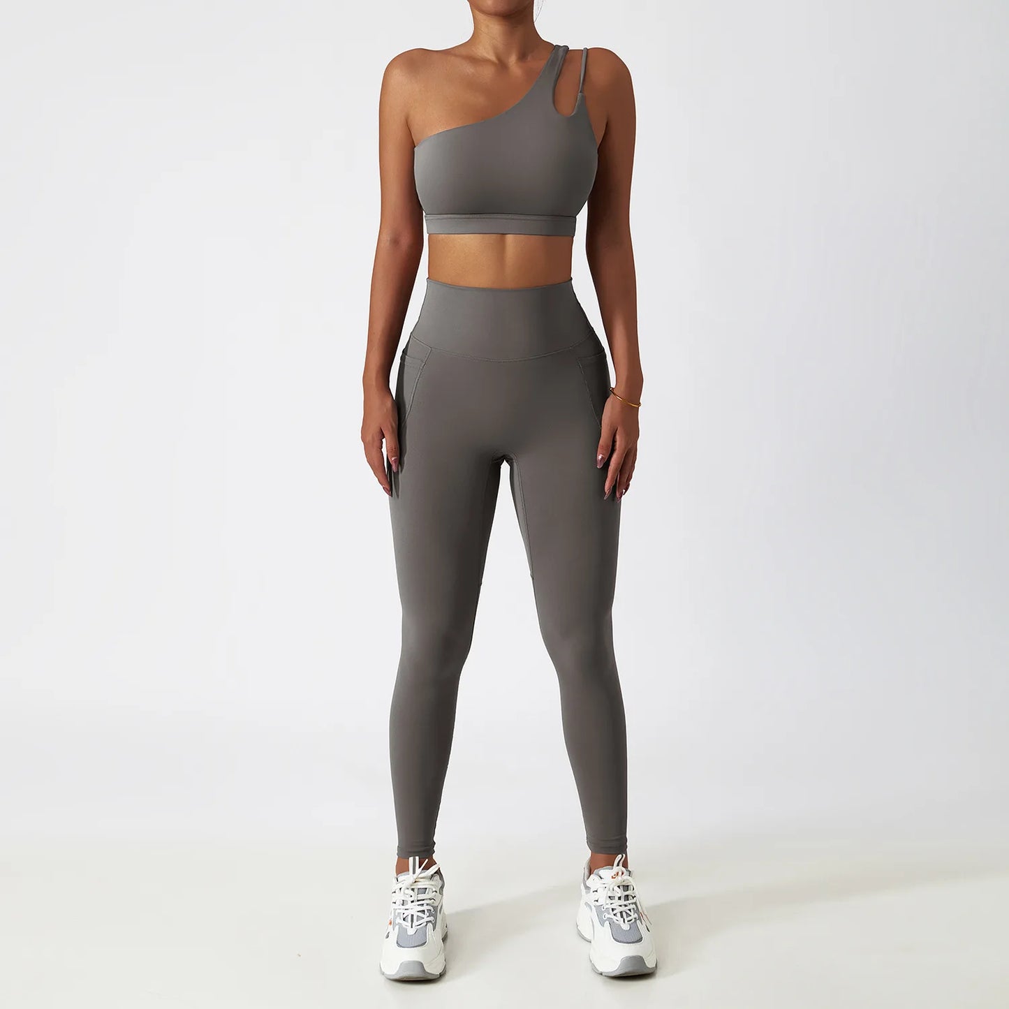 Maxy Sportswear Yoga Set Quick-Dry Tight Suit With Pocket Sports Women Tracksuits Asymmetric Shoulder Running Gym Leggings