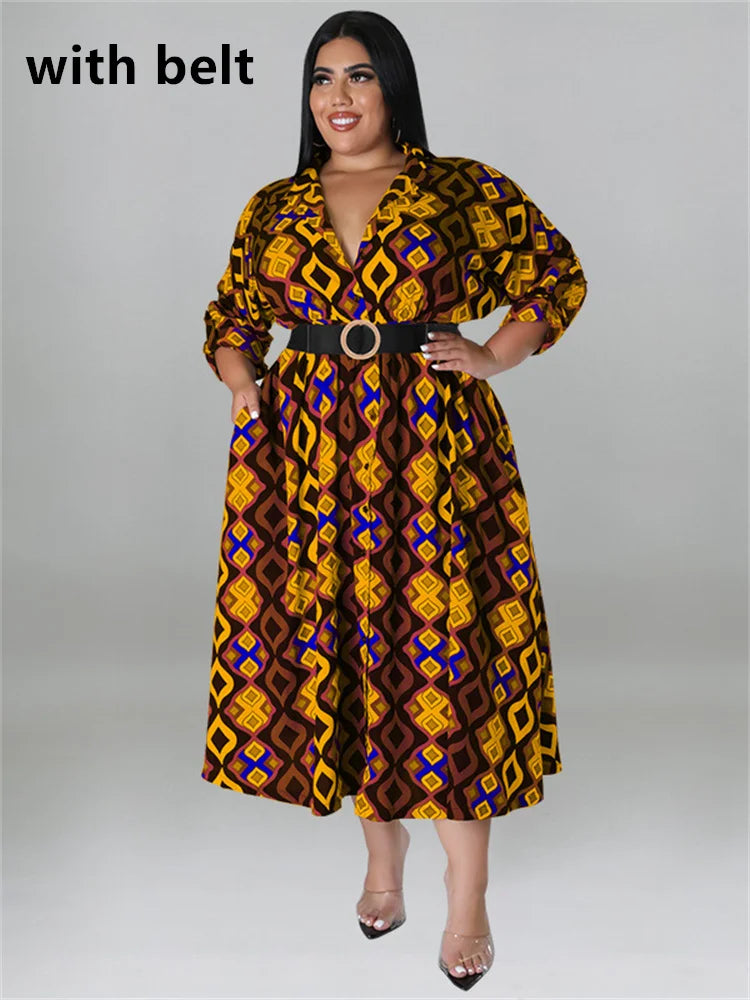 Maxy Plus Size Dresses for Women with Belt V Neck Print Casual Maxy Dress Elegant Fashion Streetwear