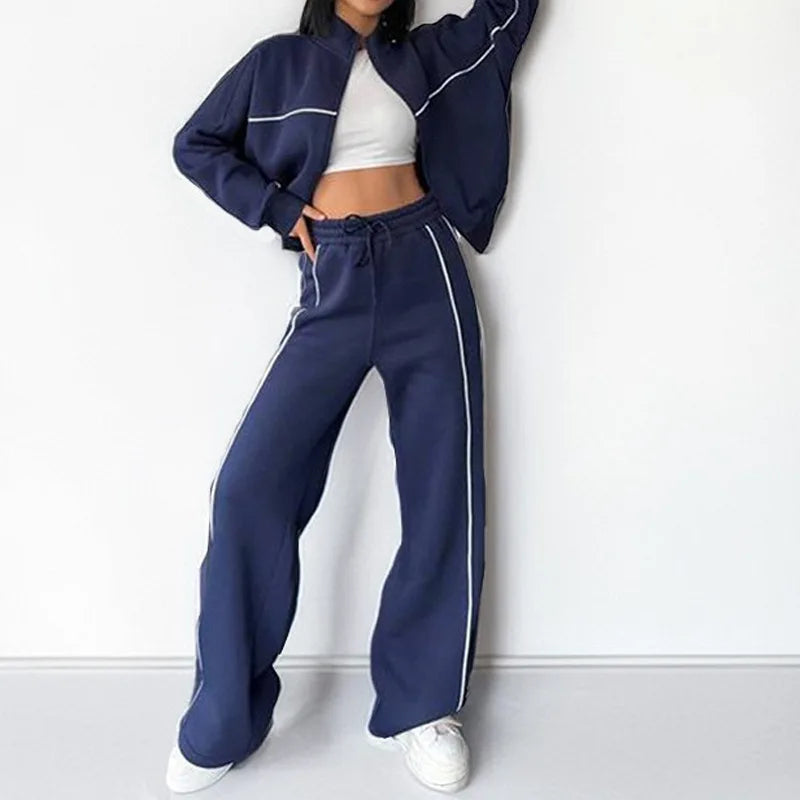 Women Set Autumn Winter Fashion Stripe Crop Hoodie Sweatshirt And Pants Set Casual Two-Piece Set Women Tracksuit Jogger Sets