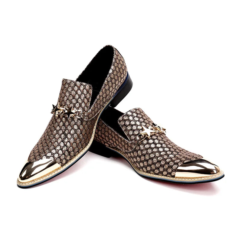 Visco Italian Fashion Men Shoes Genuine Leather Pointed Toe Dress Shoes Business Gold Wedding Formal Shoes Designer Sepatu Pria
