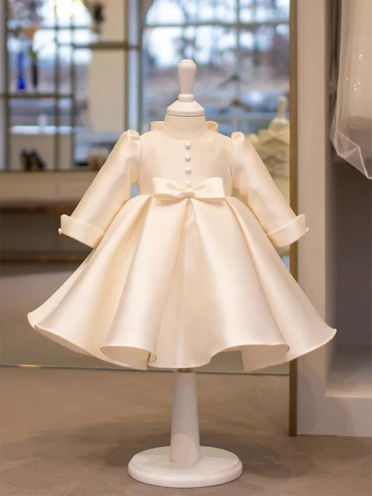 Maxy Newborn Girl Princess Bow Button Dress Long Sleeve Infant Toddler Child Vestido Wedding Party Birthday Baby Clothes 12M-10Y
