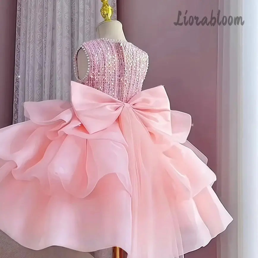 Pink Rhinestone Embellished Flower Girl Dress Short Puffy Formal Party Ball Gown for Little Girls
