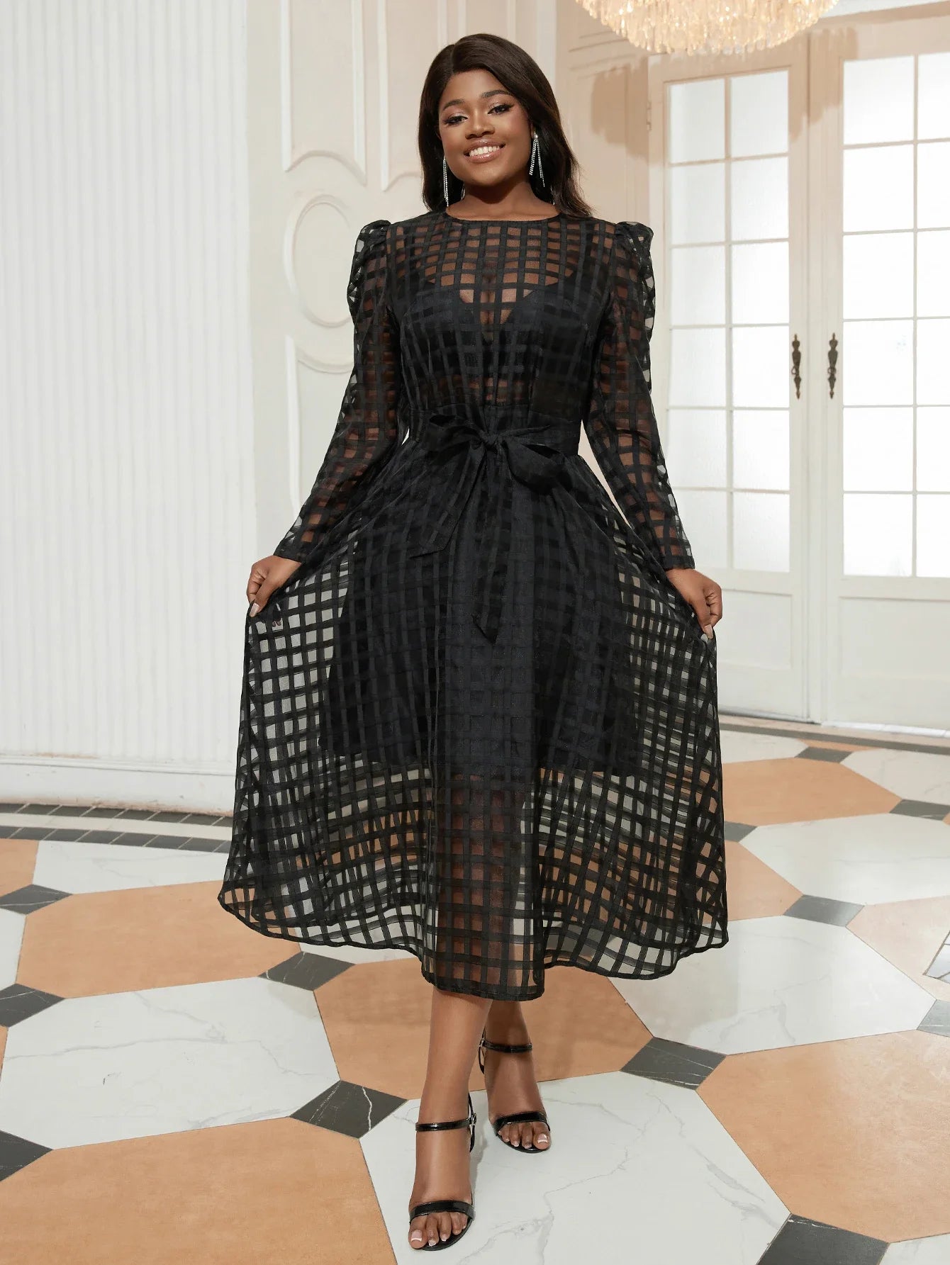 Women Black See Through Plaid A-Line Dress Long Sleeve With Lace Up Layered Lining Elegant Evening Party Gown Plus Size 2024 New