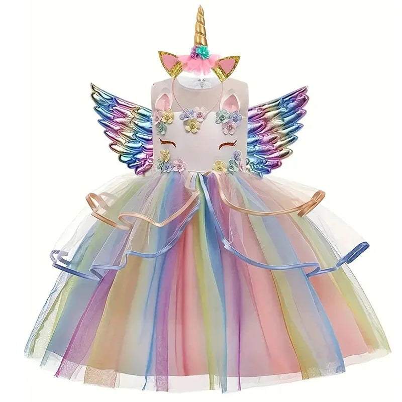 Maxy Children's Unicorn Princess Dress For Birthday Girls Party Dresses Elegant Rainbow Evening Dress Festive Performance Costume
