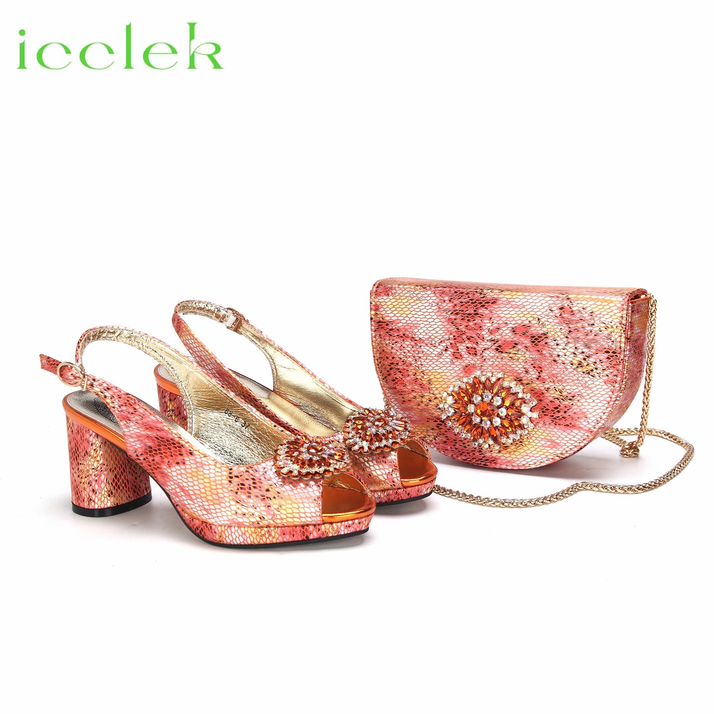 Babs High Quality Peep Toe Snake Pattern Special Design Ladies Party Shoes Matching Bag Set in Green Color